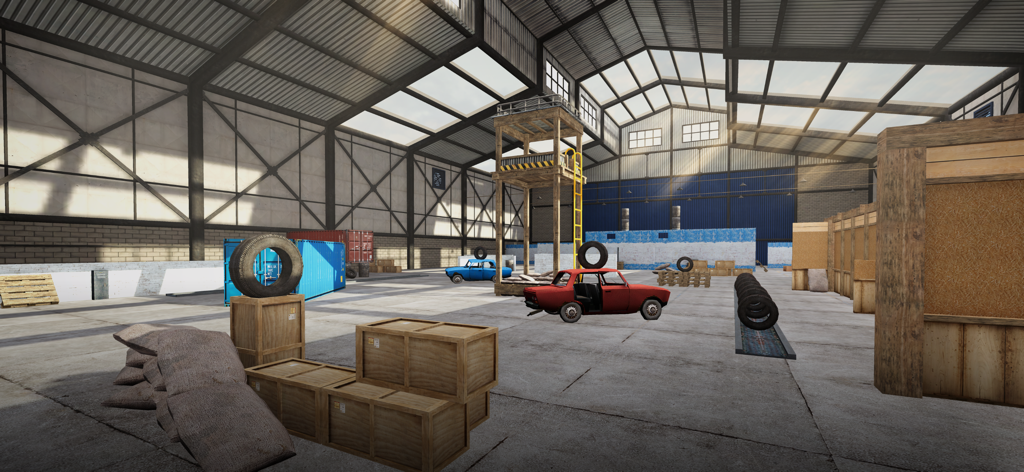 Indoor FPV drone racing course inside a large industrial warehouse with obstacles