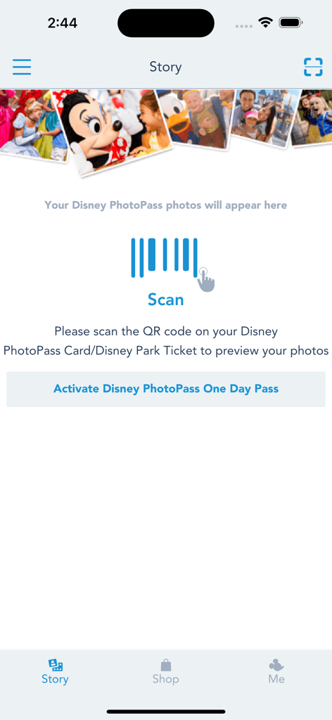Disney PhotoPass - Pantalla de escaneo de la aplicación Disney PhotoPass para vincular entradas del parque y previsualizar fotos profesionales
