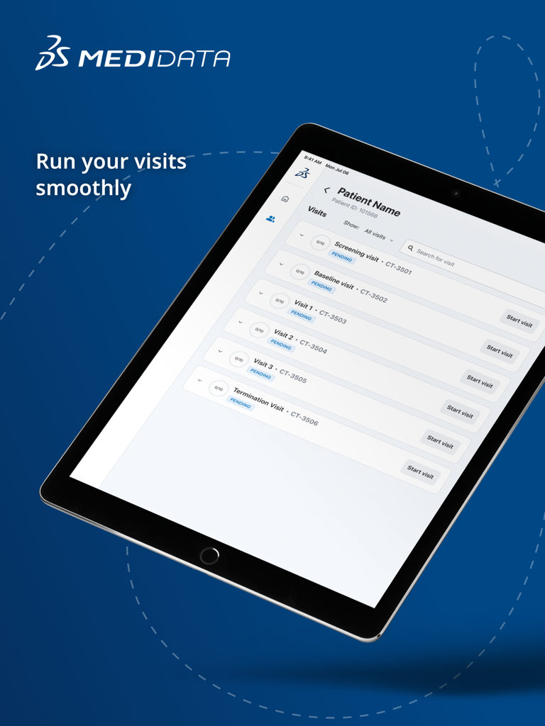 Medidata Platform - 메디데이터 플랫폼 앱이 iPad에 표시되며, 임상시험의 환자 방문 일정을 보여주고 있습니다. 스크리닝 및 기준선 방문이 포함됩니다.