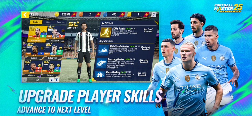 Football Master 2-Soccer Star - Pantalla del juego Football Master 2 que muestra mejoras de habilidades de jugadores y tarjetas de jugadores de fútbol profesional.