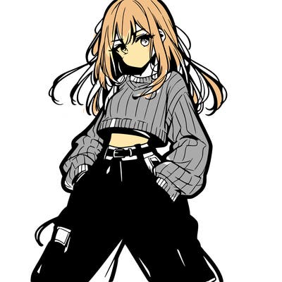 anime teen girl with baggy pants and crop top with sweater
