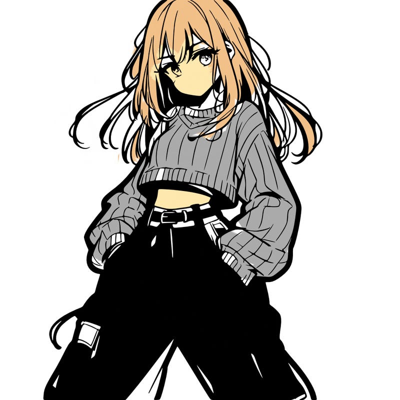 anime teen girl with baggy pants and crop top with sweater