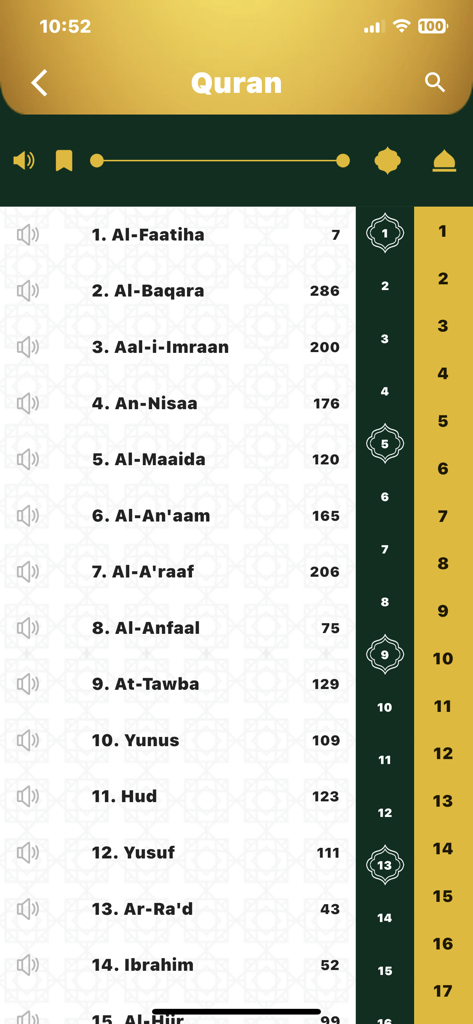 Sajud - Sajud app interface showing the index of Quran Surahs with verse counts and audio playback options