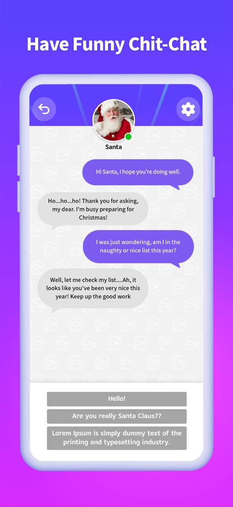 Prank App: Fake video call - Interface showing a fake chat conversation with Santa Claus in the prank app