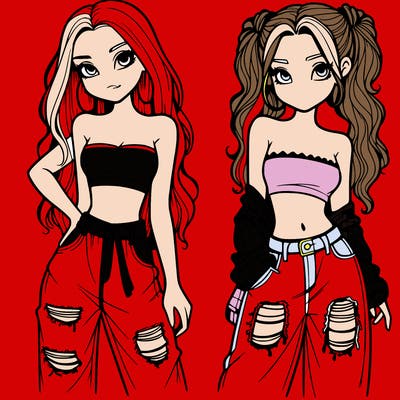 2 girls in crop tops and baggy jeans ripped