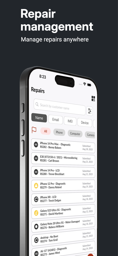 Repair Spots - Mobile interface of Repair Spots app showing a list of active device repair orders