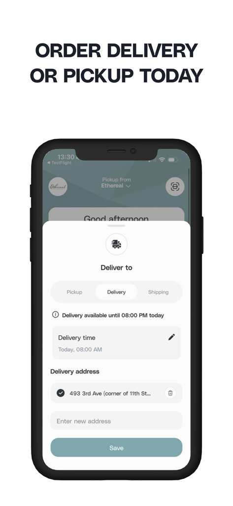 Ethereal Cafe - Ethereal Cafe app interface for selecting delivery or pickup options and entering a delivery address.