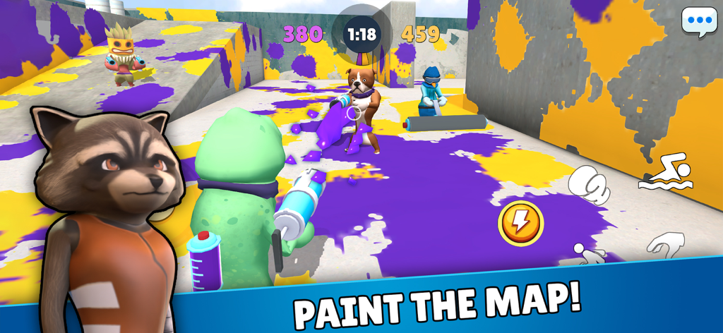 Personajes animales usando rodillos y pistolas de pintura en el modo de juego Paint the Map de Battle Gang