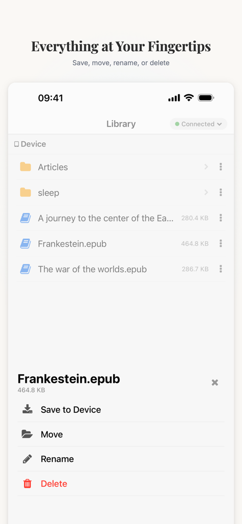 CrossPoint Sync - CrossPoint Sync app library screen showing a file browser with options to save move rename and delete epub files on an e-ink device