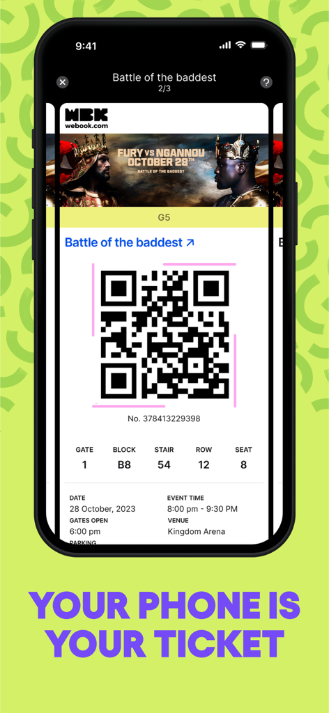 webook.com – fun things to do - A smartphone displaying a digital ticket with a QR code for the Battle of the Baddest boxing match on the webook.com app.