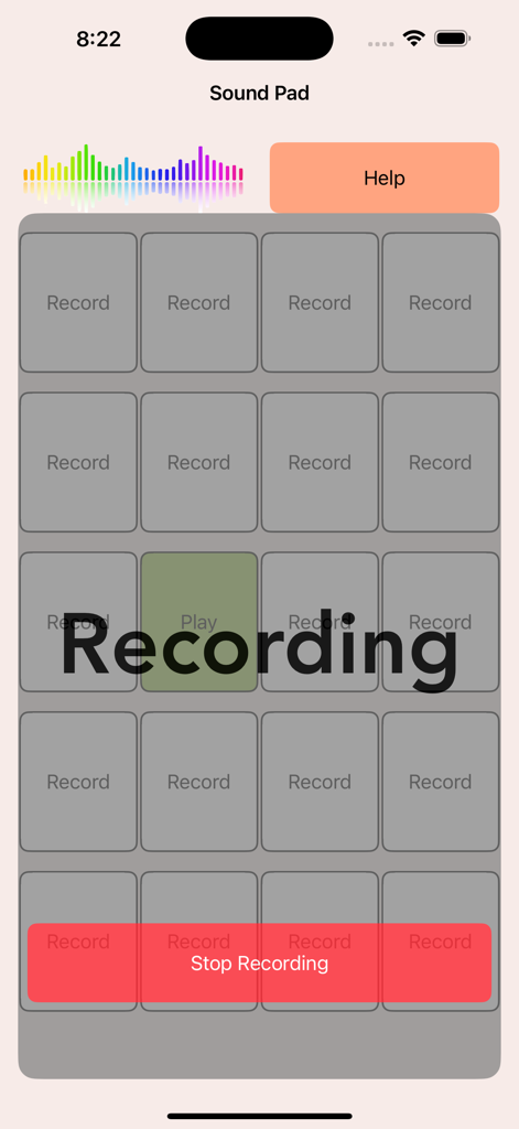SoundPad - Oberfläche der SoundPad-App, die eine aktive Audioaufnahme-Sitzung mit einem Raster aus 20 benutzerdefinierten Sound-Slots zeigt