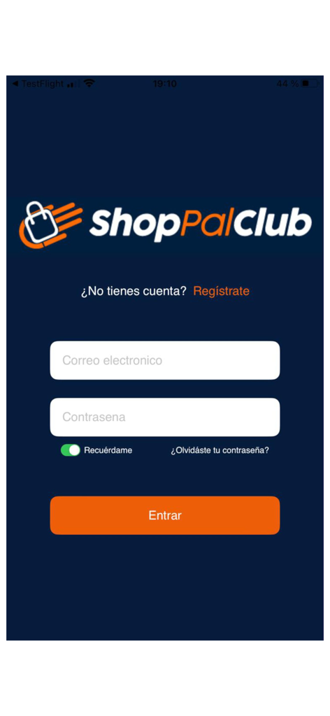 Pantalla de inicio de sesión de la aplicación móvil ShoppalClub con texto en español para los campos de correo electrónico y contraseña