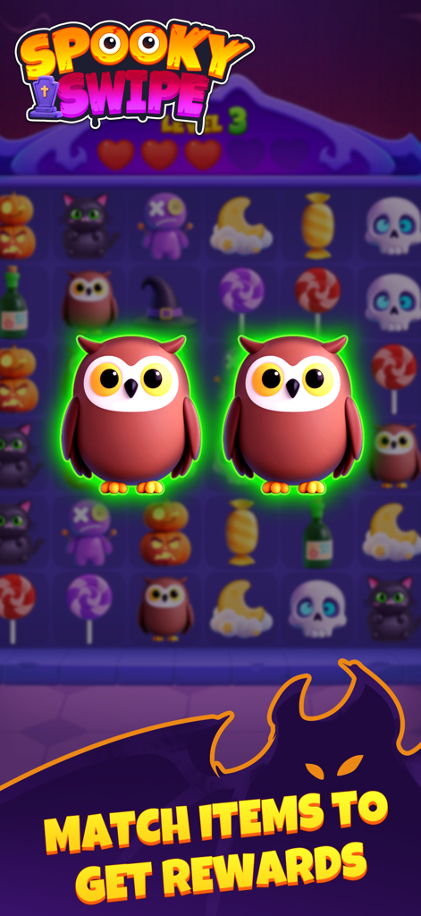 Spooky Swipe: Merge&Puzzle - Gameplay screenshot of Spooky Swipe matching two owl items on a Halloween themed puzzle board.