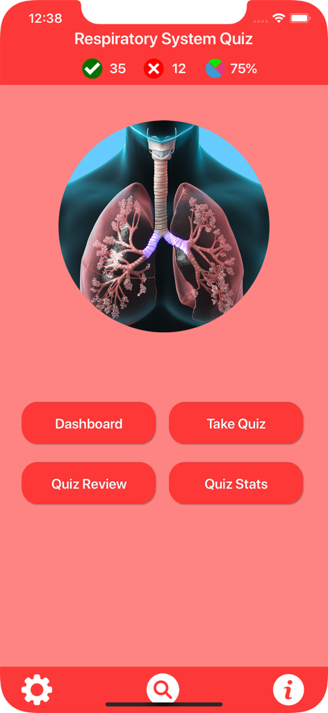 Respiratory System Trivia - Hauptmenü der Respiratory System Trivia App mit einem Lungenanatomie-Diagramm und Navigationsschaltflächen für Quizze und Statistiken