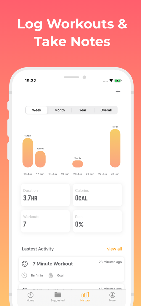 Exercise Timer: Interval Timer - Workout history and analytics screen of the Exercise Timer app showing weekly activity charts.