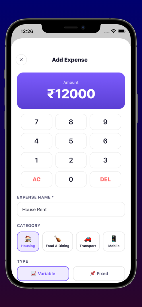 Expense Tracker Budget Manager - Add expense screen showing a house rent entry with a numeric keypad and housing category selection