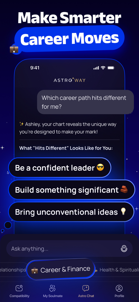Astro Way - Personal Astrology - Astro Way app screen showing AI chat providing personalized career advice based on astrology chart readings.