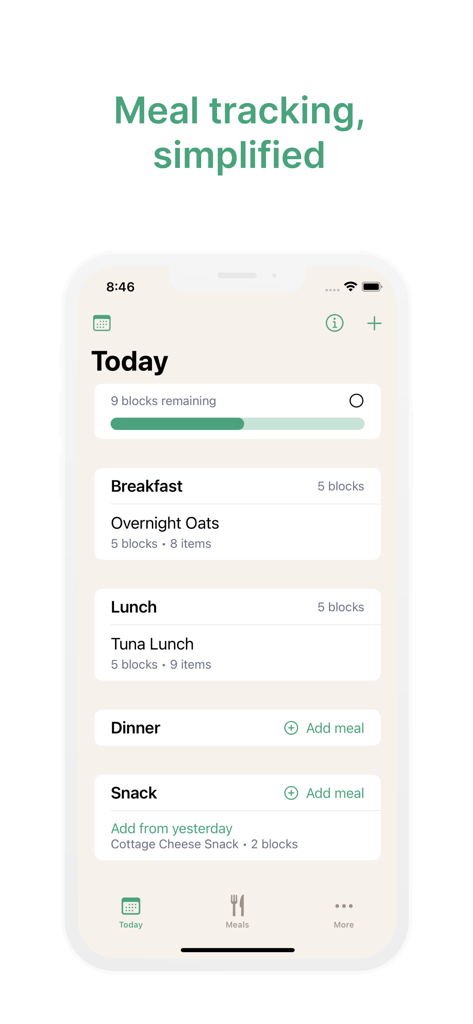 Zone Meal Planner - Panel de seguimiento de bloques de comidas diarias en la aplicación Zone Meal Planner