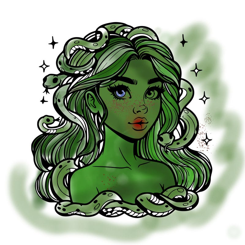 realistic girl with snakes as hair