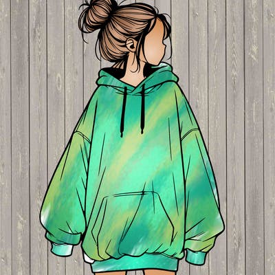 realistic girl with a oversized sweatshirt on and a bun
