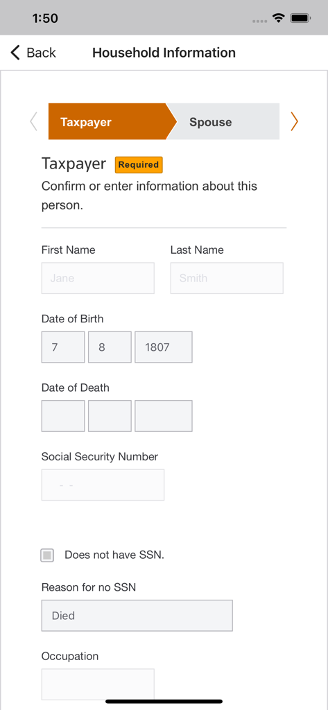 Onvio Client Center - Modulo informazioni sulla famiglia di Onvio Client Center per i dettagli del contribuente e del coniuge