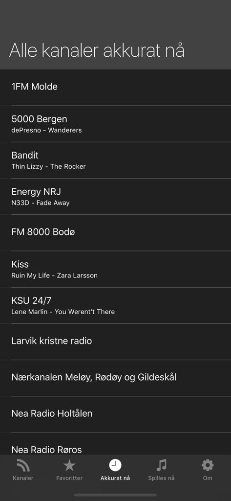 List of Norwegian radio stations showing currently playing songs in the Norsk Radio app interface