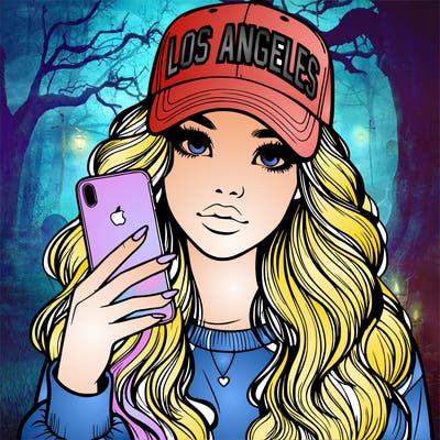 realistic beautiful girl wearing los ángeles cap holding an iphone