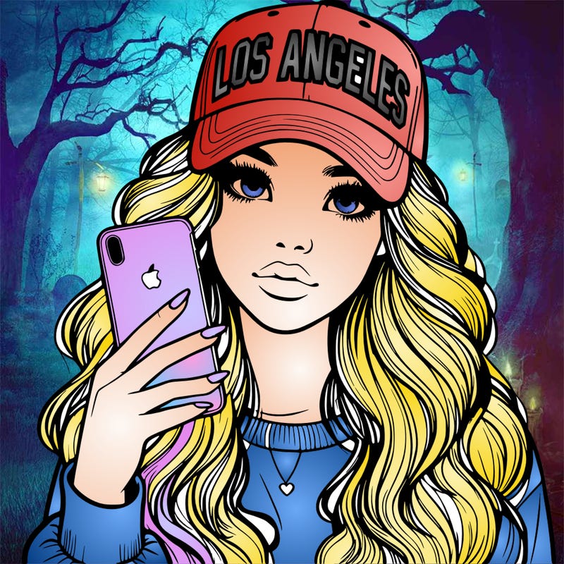 realistic beautiful girl wearing los ángeles cap holding an iphone