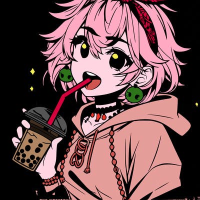 hot baddie anime girl drinking boba and biting the straw
