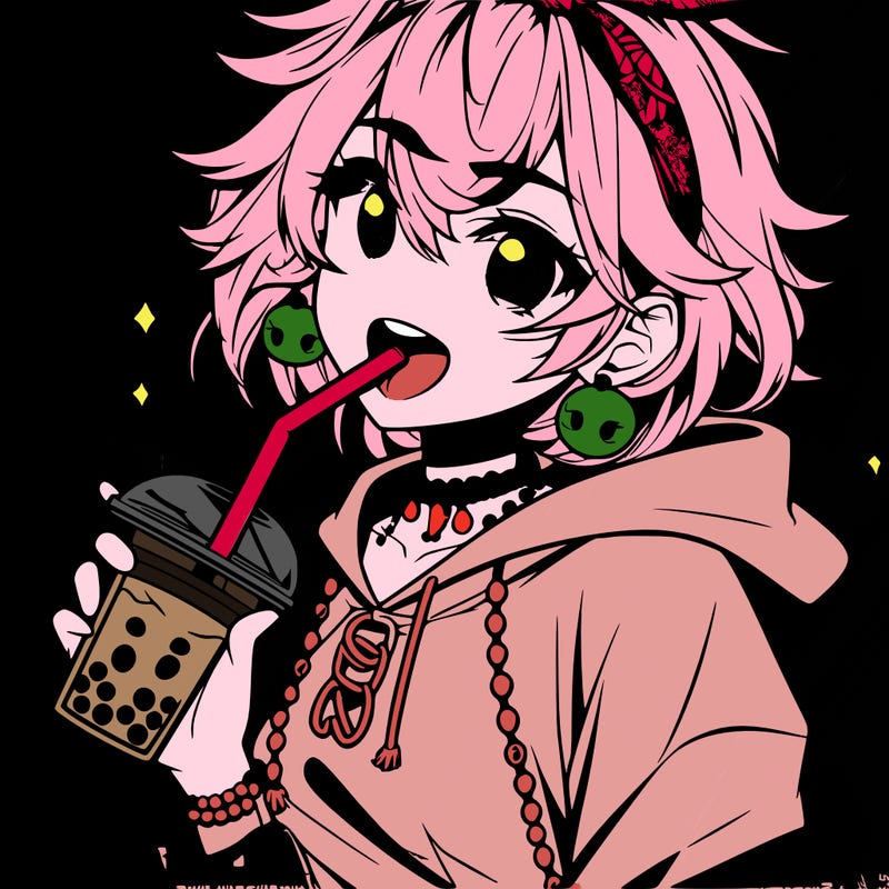 hot baddie anime girl drinking boba and biting the straw