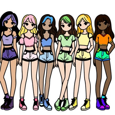 a group of girls wearing crop tops and shorts
