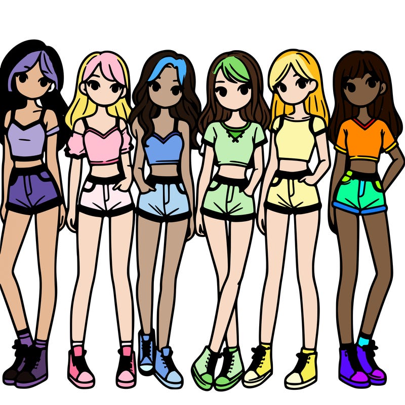 a group of girls wearing crop tops and shorts