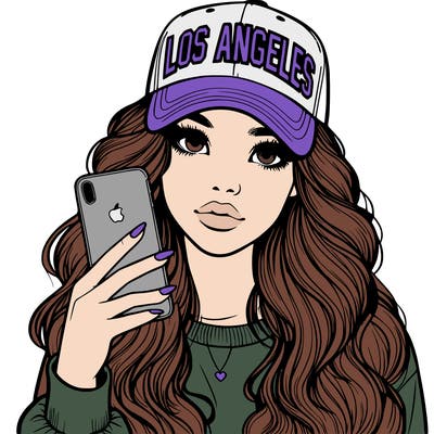 realistic beautiful girl wearing los ángeles cap holding an iphone