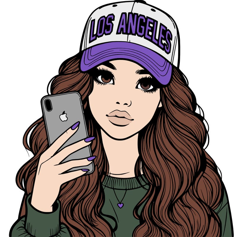realistic beautiful girl wearing los ángeles cap holding an iphone