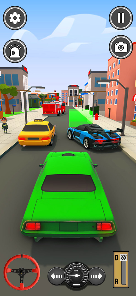 Dream Vehicle Car Driving Game - Un coche verde circulando por una calle de ciudad low poly con un volante virtual y un tablero de velocímetro