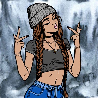 realistic teenage girl with braids and a beanie and crop top doing 🫶🏼