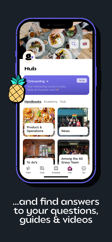 All Gravy - All Gravy app interface showing the employee hub with onboarding guides and workplace handbooks