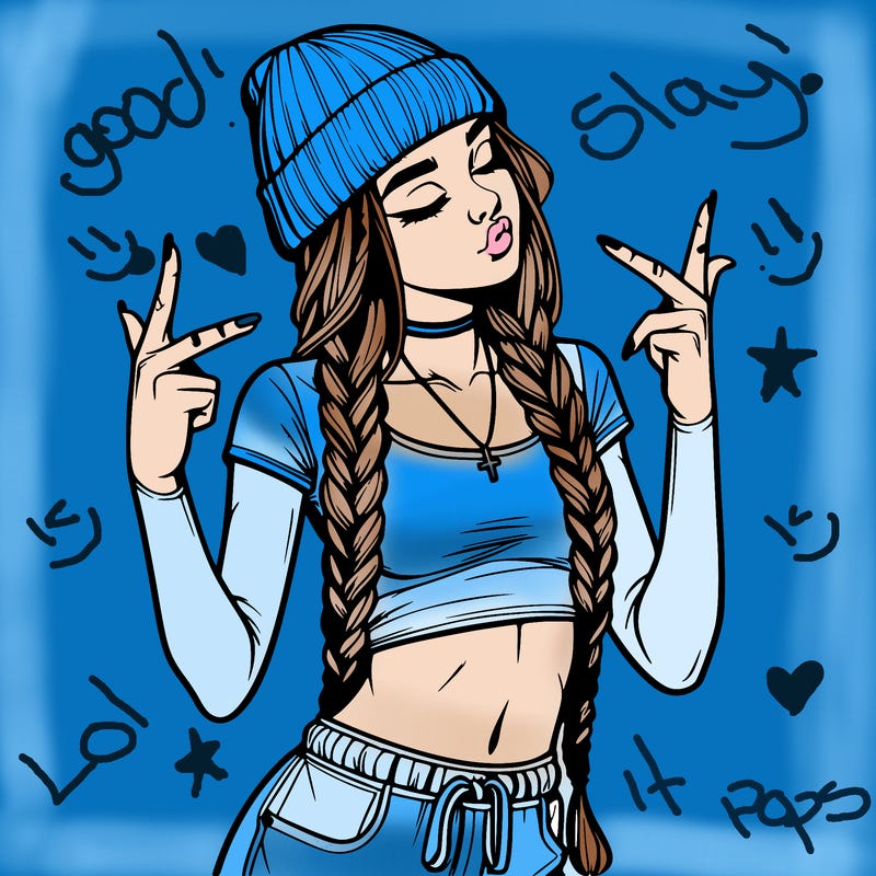 realistic teenage girl with braids and a beanie and crop top doing 🫶🏼