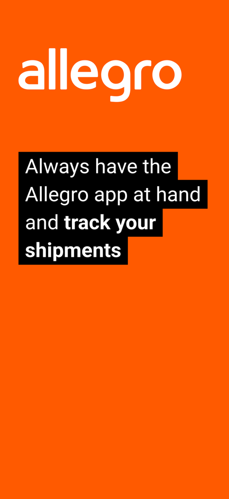 Logótipo da aplicação Allegro e texto promocional sobre o rastreio de remessas num fundo laranja sólido