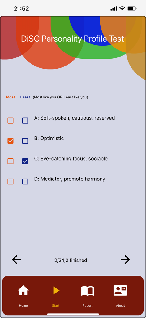 Psychological test-DiSC test - DiSC性格診断テストアプリのインターフェース内の行動アセスメントの質問。
