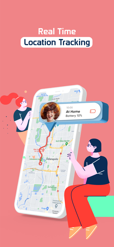 Findup: Phone Location Tracker - Interfaz de la aplicación Findup mostrando ubicación en tiempo real y estado de la batería en un mapa
