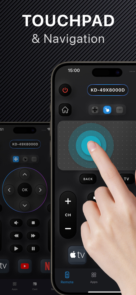 Screenshot of the TV Remote app showing the touchpad and navigation control interface on an iPhone
