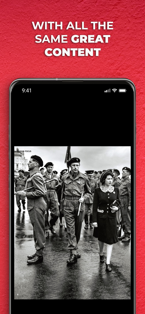 History of War Magazine - Un smartphone mostrando una foto militar histórica en blanco y negro de la aplicación History of War Magazine