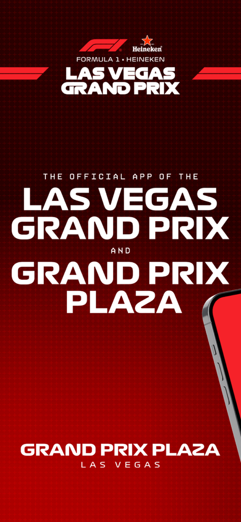Tela de introdução para o aplicativo oficial Formula 1 Heineken Las Vegas Grand Prix e Grand Prix Plaza