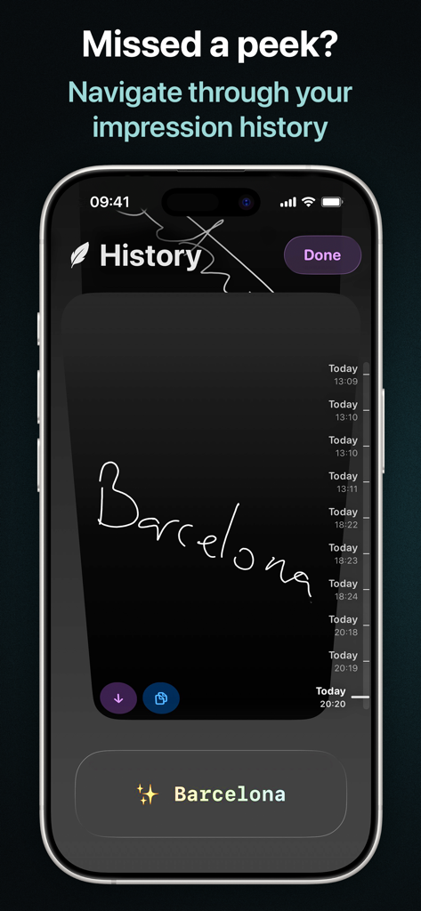 Pluma - Pluma app history screen displaying captured handwritten notes and AI text recognition for mentalists.