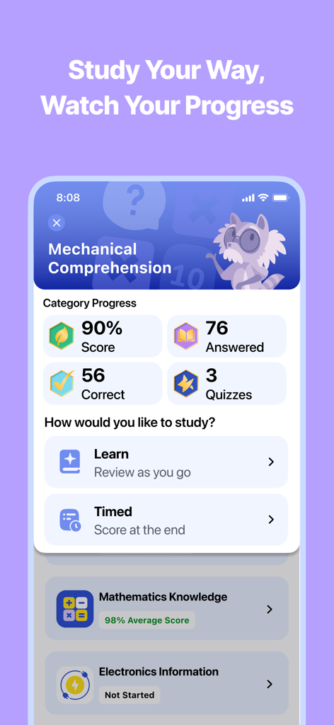 ASVAB Practice Test | 2026 - ASVAB practice test dashboard showing study progress scores and learning mode options
