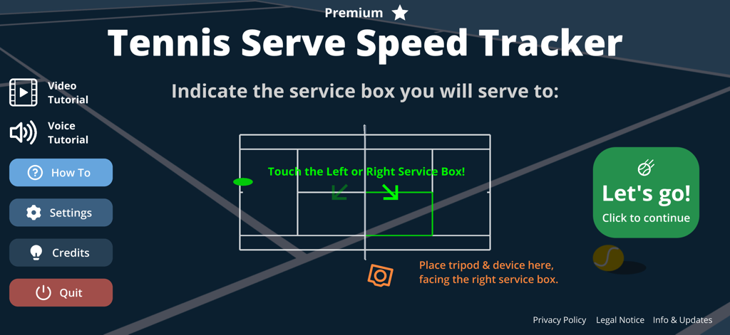 Tennis Serve Speed Tracker - Tennis Serve Speed Tracker app interface for selecting the target service box and device setup instructions