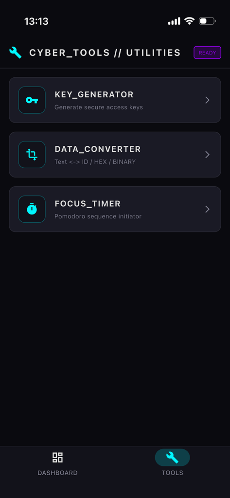 Cyber Deck - System Console - Cyber Deck app utility menu featuring a key generator, data converter, and focus timer in a cyberpunk style.