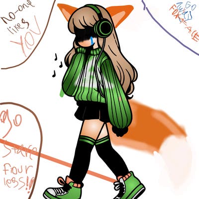 girl with leg warmers and long sweater and sneakers listening to music