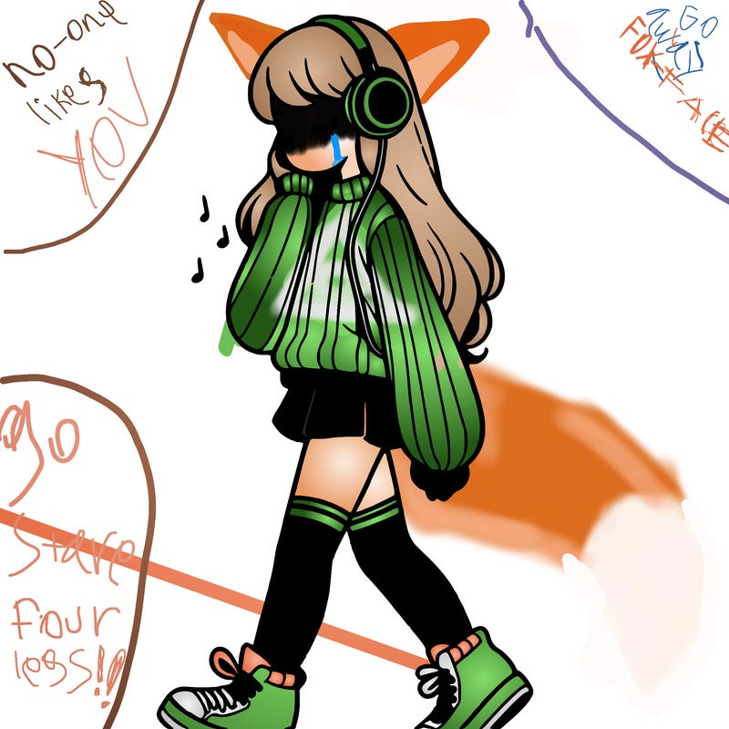 girl with leg warmers and long sweater and sneakers listening to music